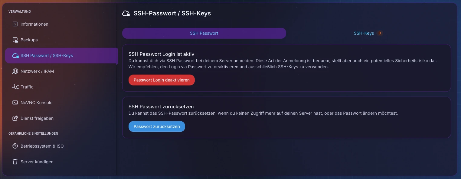 24fire Kundenpanel - SSH Passwort Login deaktivieren