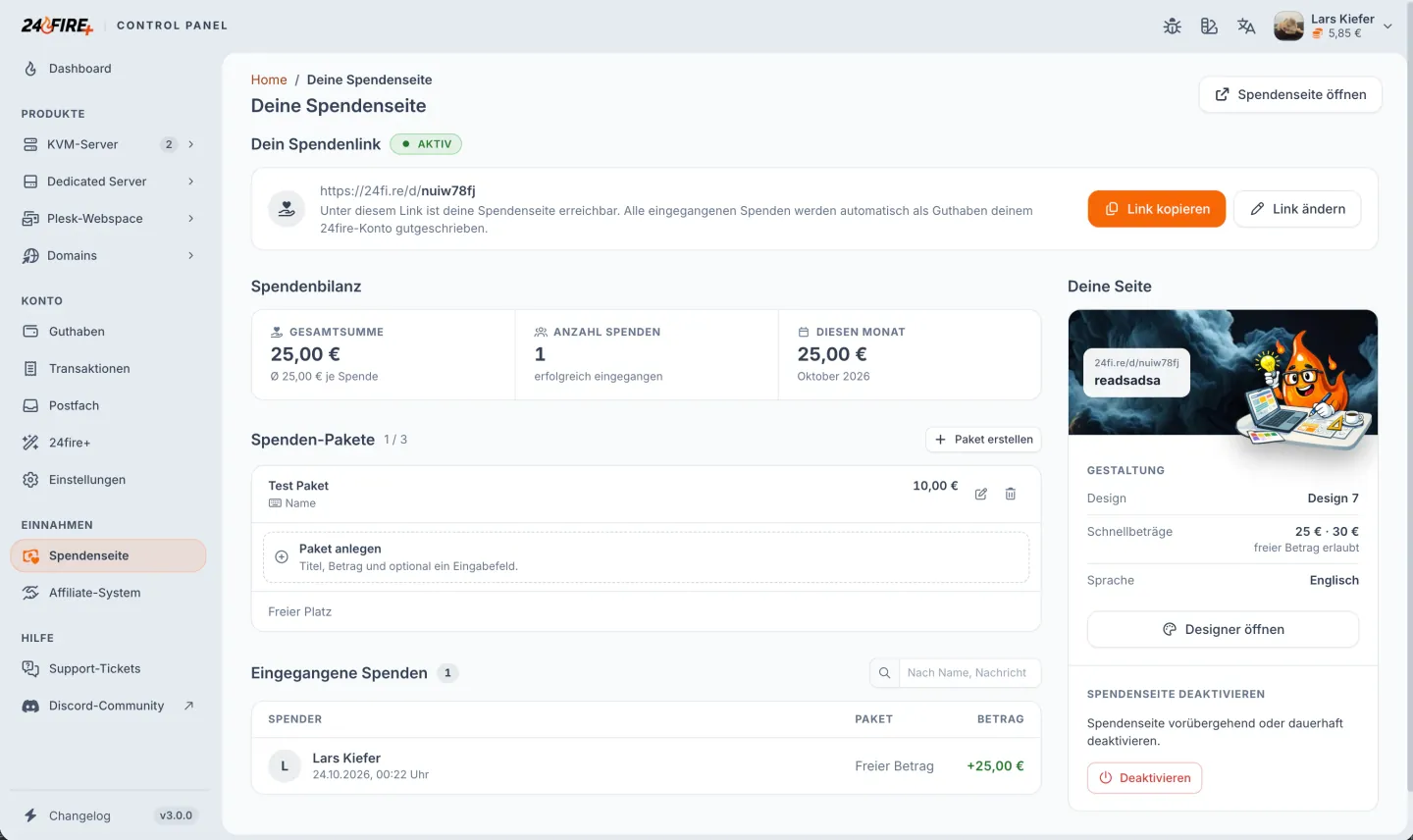 24fire Control Panel – Spendenseite