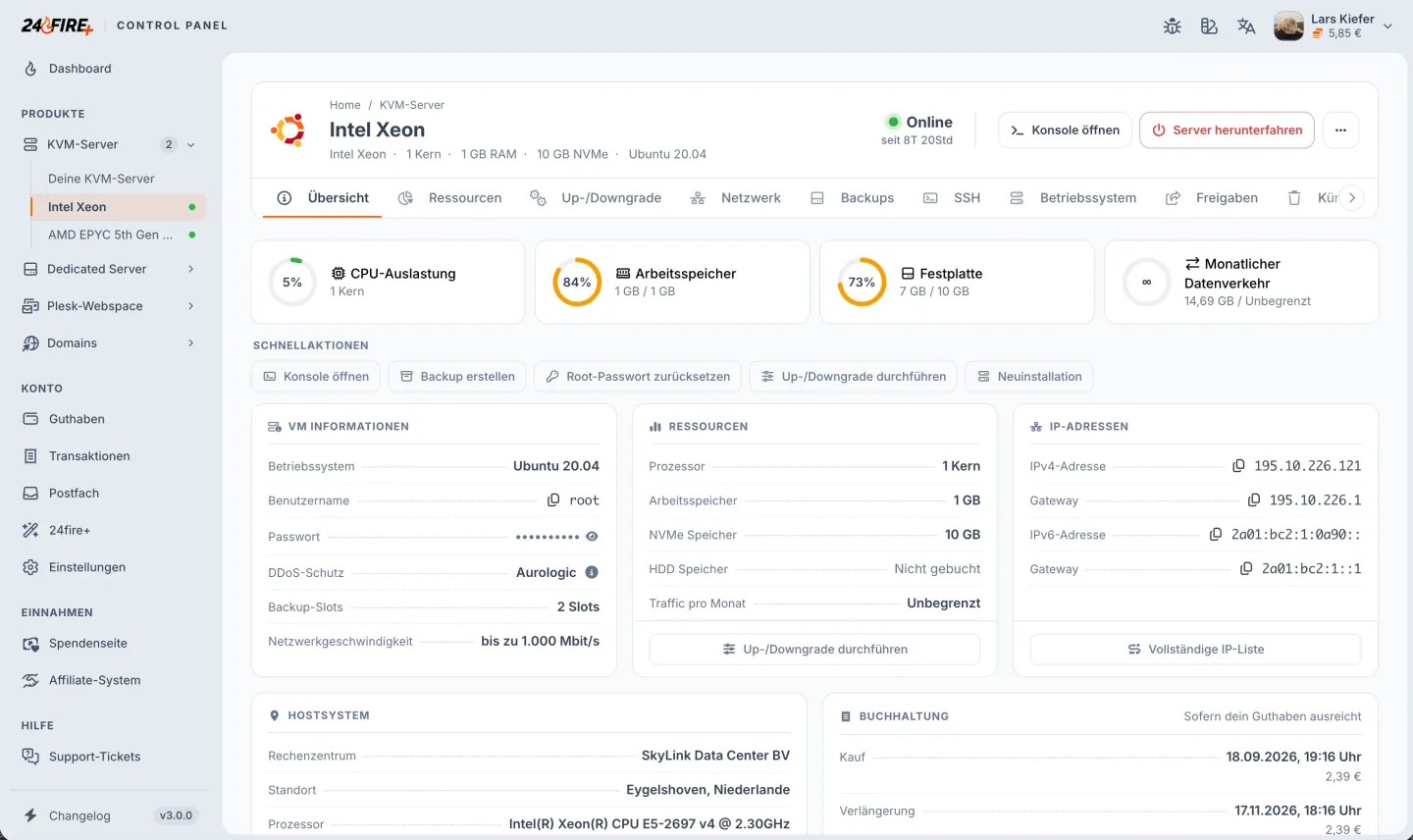 24fire Control Panel – Server-Übersicht
